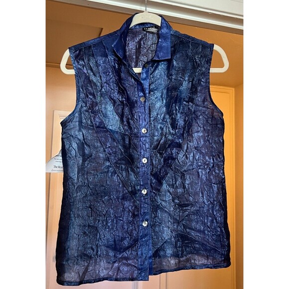 Searle Womens Blouse Size M Navy Button Up Sleeveless Ruffle Lightweight - Picture 1 of 8